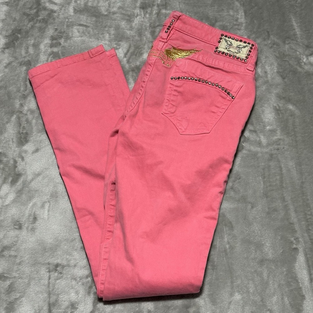 Y2K Robins Marilyn Low Rise Jeans Womens 29 Pink Embroidered Bejeweled Bimbocore - Picture 2 of 14